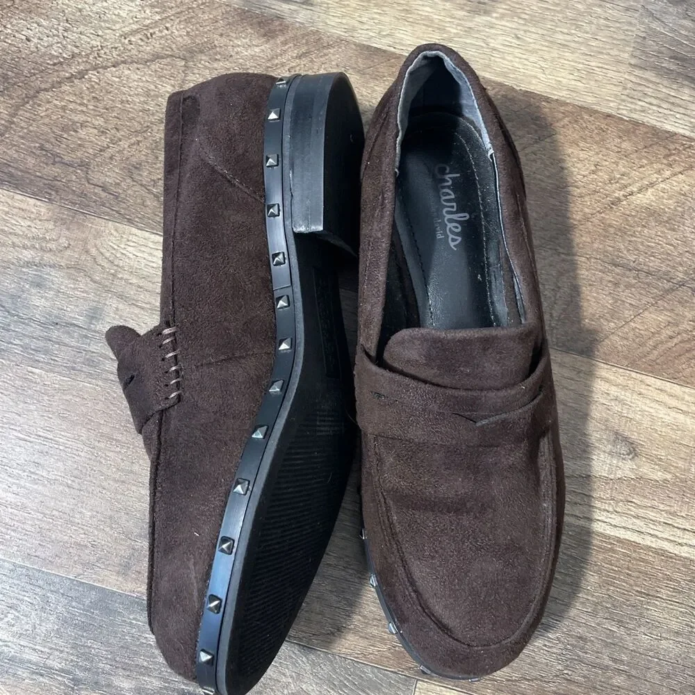 Charles by Charles David Boy Brown Suede Penny Loafers Size 7.5 M Silver Studs